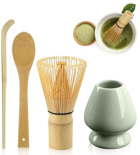 Accessoires Japonais pour Cérémonie du Matcha : LEKEFET Set Fouet Matcha 4 Pièces, Fouet Matcha avec 2 Cuillères Matcha, EnsembleThé Matcha, Support Fouet Céramique, Ensemble Parfait pour Préparation