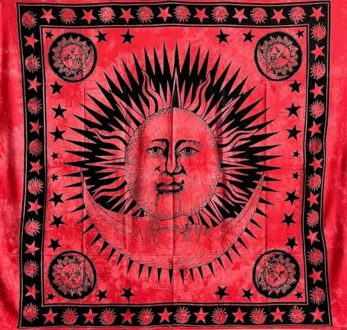 Seamar Tagesdecke, Motiv: Große Sonne und Mond, Ethno-Überwurf, 210 x 240 cm, 100 % Baumwolle, Strandtuch (rot)