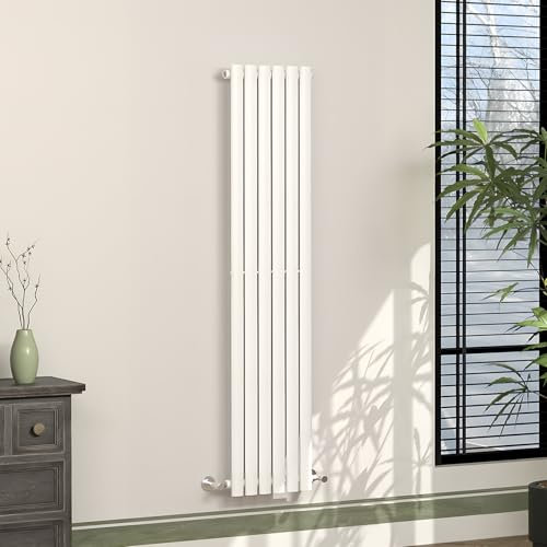 S'AFIELINA 1600 x 354mm Radiator, Oval Column Designer Radiator Single Flat Panel Vertical Radiator Bathroom Radiators White Central Heating Radiators for Bedroom, Living Room, Dining Room