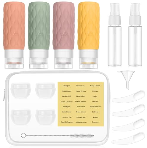 18 Pcs Travel Bottles for Toiletries 100ml, BPA-Free Silicone Travel Size Toiletries with Spray Bottles, Leak Proof Refillable Squeezable Travel Accessories for Shampoo Conditioner Lotion Body Wash