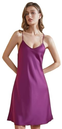 ARCFEETORY Nuisette Satin pour Femme Chemise de Nuit Lingerie avec Col en V Robe de Nuit Bretelles Spaghetti Reglables Vêtements de Nuit Gris Violet XL