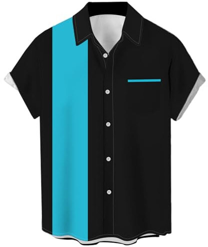 Men's Vintage Bowling Shirts 1950s Casual Short Sleeve Button Up Contrast Shirt Summer Color Block Cuban Shirts for Adult, Blue Atoll and Black, XXXXL