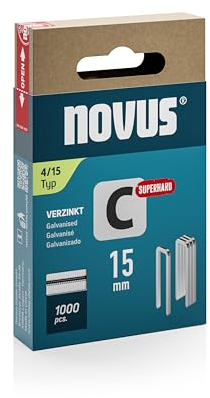 NOVUS TOOLS Schmalrückenklammern 15 mm superhart, 1000 Tacker-Klammern vom Typ 4/15, Schiebeschachtel, Heftmittel für Profilhölzer und Paneele