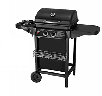 Barbacoa a gas con 2 quemadores de gas compactos, quemador lateral, rejilla barbacoa,mesas laterales y carro de acero, 8,7 kW de potencia
