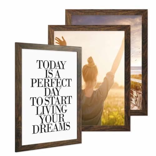 PHOTOLINI Bilderrahmen 30x40 Holz MDF 3er Set Eiche Dunkel, breite Rahmen 30x40 mit Acrylglas, picture frame 30 x 40 zum Aufhängen, Bilderrahmen 40x30 cm plus Zubehör - zur Fotorahmen Wanddekoration