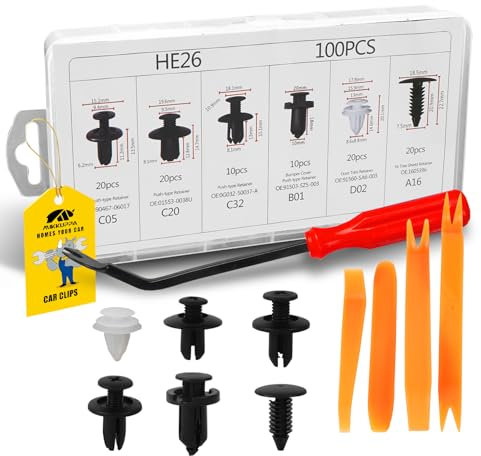 MIKKUPPA 100 Stück Universal Befestigungsclips Auto Clips Set mit Zierleistenkeile Hebelwerkzeug, Kunststoffnieten Befestigungssatz mit Demontage Werkzeuge, 6 Arten Stoßstangen Spreiznieten Clips