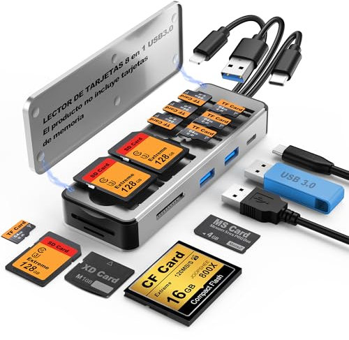 Lector de Tarjetas SD 8 en 1 Estuche de Transporte de Aluminio para múltiples Tarjetas de Memoria SD/TF/CF/MS/XD/USB3.0 Adaptador de Lector de Tarjetas de 2 Puertos para teléfono/Pad/PC