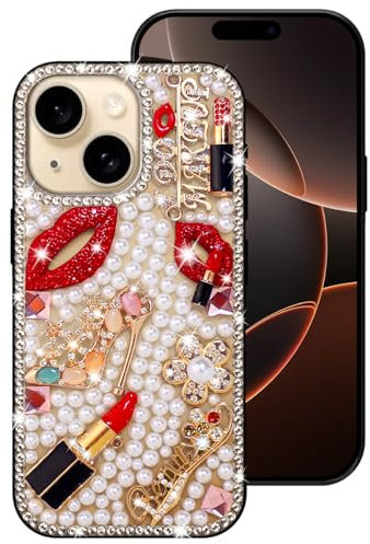 Erolagomat Bling Case for iPhone 15,Shiny Luxury Designer Phone Case with Glitter Sparkle Diamond Crystal Rhinestone Lips Lipstick Pearl Flowers High Heels，Soft Bumper Cover for Women Girl