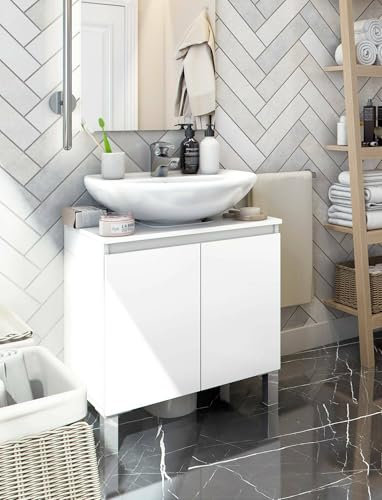 Dmora Mobile sottolavabo Rodna, Mobiletto da Bagno, Contenitore Porta lavabo, Armadio per lavandino, 60x40 h64 cm, Bianco Lucido