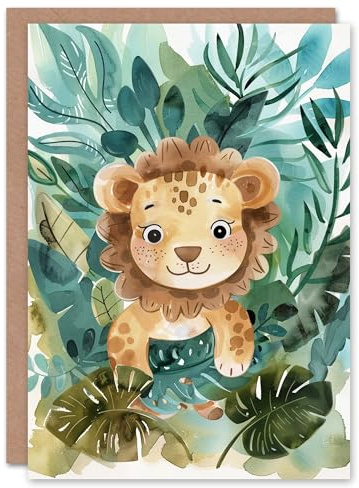 Artery8 Cute Baby Lion Cub Playing In Jungle Watercolour For Child Kids Birthday Card