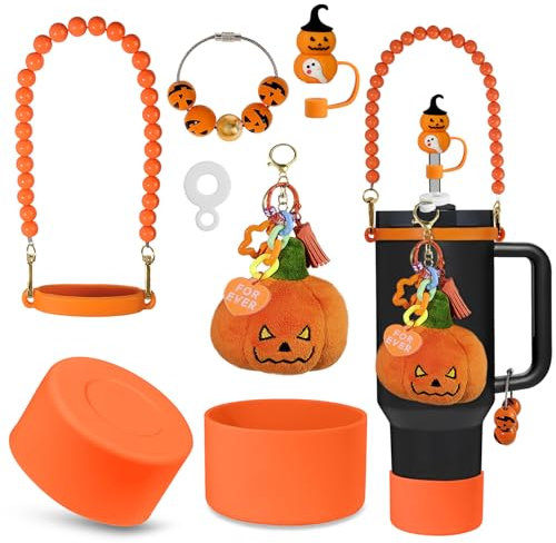 VirgoCCY 5PCS Halloween Stanley Cup Accessories Set 30&40 Oz, Includes 1pcs 0.4in Straw Covers, 1 Water Bottle Handle Strap, 2 Cute Pumpkins Charms and 1 Silicone Boot, Orange