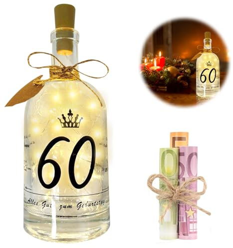 HuaMuDM 60th birthday woman man LED bottle light birthday, 60th birthday decoration bottle light, light bottle money gift, transparent LED bottle light