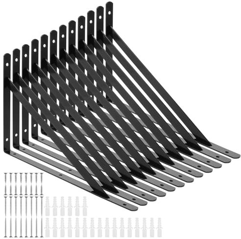 LDXDRU Lot de 12 supports d'étagère - 300 x 190 mm - En métal noir - Équerre murale - Pour charges lourdes
