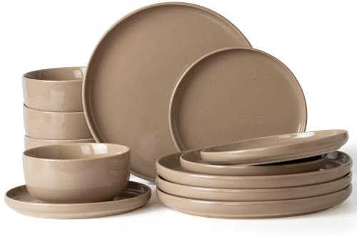 Richmount Milkyway Plates and Bowls Set, 12 Piece Dinner Set, Speckled Stoneware Dinner Set for 4, Chip and Scratch Resistant Dinnerware Sets, Dishwasher & Microwave Safe, Cinnamon Brown