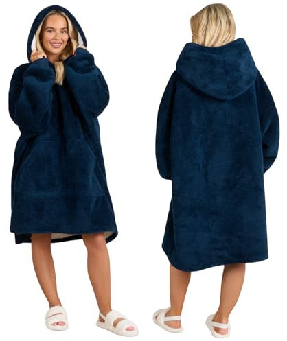 Brentfords Teddy Fleece Sherpa Lined Super Soft Plush Hoodie Blanket Oversized Jumper Throw, Navy Blue - Adults