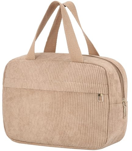 Huiguli Trousse de Toilette en Velours Côtelé, Trousse de Maquillage Femme avec Poignée, Cosmétiques à Glissière Portable pour Femme Fille, Sac Cosmétique de Voyage Kaki