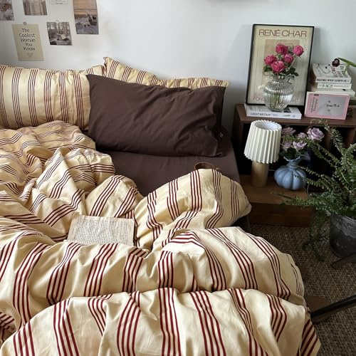 mixinni Gestreiftes Retro-Bettwäsche-Set für Doppelbett, 100% natürliche Baumwolle, 3-teilig, Vintage-Streifenmuster, Bedruckt, weich, atmungsaktiv, Bettdeckenbezug mit Reißverschluss und Eckbändern
