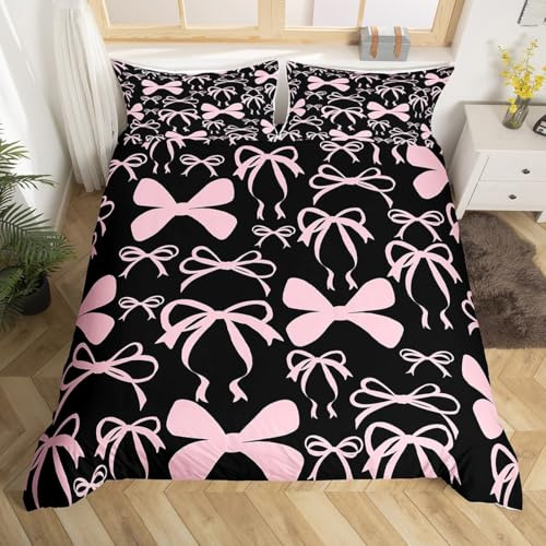 Loussiesd Bogen Bettwäsche Set 135x200cm Jungen Mädchen Schwarz Rosa Bogen Bettbezug Set für Kinder Frauen Männer Ultra Weiche Niedliche Bogenknoten Bettwäscheset Kawaii Zimmer Dekor Schöne Betten