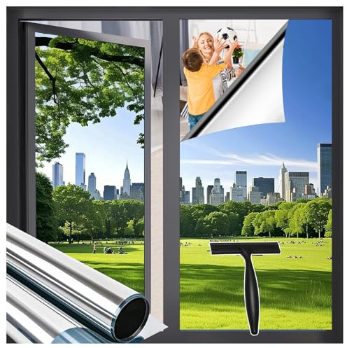 Zindoo Hitzeschutzfolie Sonnenschutzfolie Spiegelfolie 75x120cm 2er Set | Fensterfolie von Innen Durchsichtig von aussen Blickdicht Tageszeit, Thermofolie, UV-Schutz, Rückstandslos Entfernbar