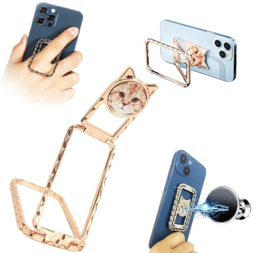 Mobile Phone Ring Holder,Finger Holder - 360 Degree Rotating Ring Holder for All Smartphones, Adjustable Cellphone Finger Kickstand for Office Desktop & Magnetic Car Mount(Cat pattern,Rose Gold)