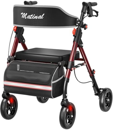 Matinal Leichtgewicht Rollator faltbar mit Sitz, Bis (160 kg) belastbar | 6-fach höhenverstellbar, 8-Zoll All-Terrain-Reifen, Robuste Aluminium-Laufhilfe Ideal für Indoor & Outdoor (Weinrot)