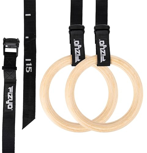 Fizyo Turnringe Gymnastikringe Wettkampf Griffe aus Birkenholz, Holz-Gymnastikringe mit Verstellbaren Streifen, Heimübungsset, mit Bezug,