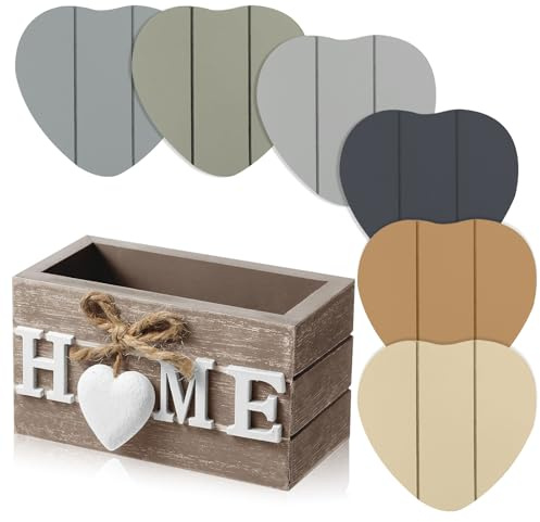 Patelai Wooden Heart Coasters for Drinks Set of 6 Funny Farmhouse Coasters with Holder for Coffee Table Protection Housewarming Gifts for New Home Decoration, 4 Inch(Home,Cool Gray)
