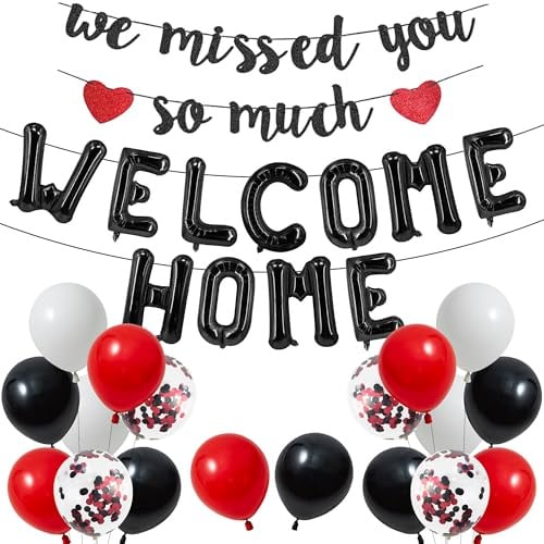 Welcome Home Decorations Banners Balloons - 32 Pcs Black Red Balloon Set | Black Red Heart We Missed You So Much Letter Foil Balloons Latex Balloon for Homecoming Family Military Relatives Decor