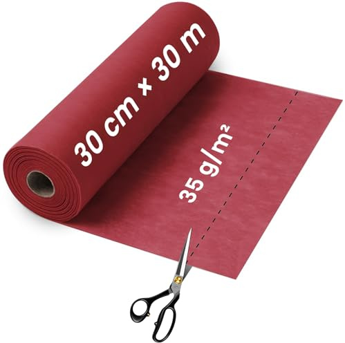 Vlies Tischläufer, 30 cm x 30 m, Modern, Reißfest & Zuschneidbar, Halbtransparente Tischband, Deko Tischdecke für Hochzeit, Geburtstag & Gartenparty, Rot