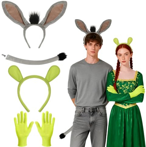 4 Stück Monster Grüne Esel Kostüm Erwachsene Set, Esel Ohren Haarreif Schwanz Monster Ohren Haarreif Handschuhe, Tier Kostüm Kinder Erwachsene für Halloween Fasching Geburtstag Thema Party Cosplay