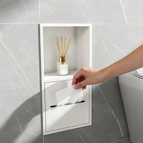 Unterputz Toilettenpapierhalter Einbau-Duschnische (Keine Fliesen Erforderlich), Leicht Zugängliche Edelstahl-Badezimmernischen, Zweistufiger Wand-Toilettenpapierhalter(White)