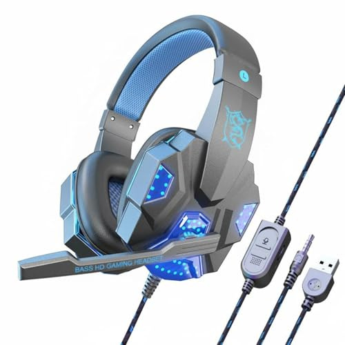 KiBcsLic Cuffie da Gioco Cablate Padiglioni Auricolari Traspiranti Cuffie Over-Ear con Microfono Design Leggero Headset da Gaming a LED per eSport, Nero+Blu, Ps4 Luminoso