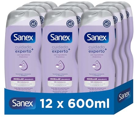 Sanex Cuidado Experto Micellar Equilibrante, Gel de Ducha, Pack 12x600ml | Gel piel seca con prebiótico y Omega 3, Tecnología hidratante, Restaura pH natural, Hidratación 12 horas, 0% Sulfatos