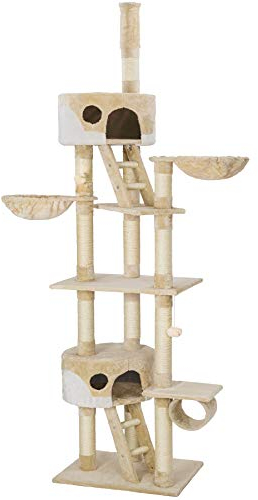 tectake Katzen Kratzbaum, Katzenbaum XXL, Kratzbaum deckenhoch, höhenverstellbar von 243-260cm, Kletterbaum mit Treppe, Höhle, Röhre, Liegemulde und Sisalsäule - beige/weiß