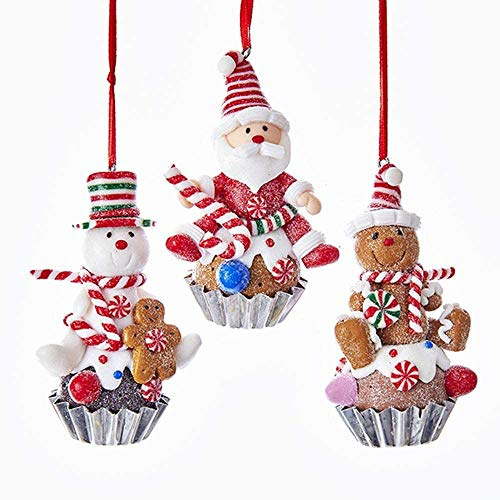 Kurt S. Adler Claydough Christmas Tree Ornaments Holiday Decoration Gingerbread Peppermint Candy (3.5 Set of 3 Santa Snowman Gingerbread Man Cupcake Ornaments D3166)