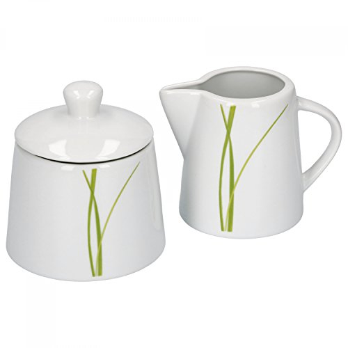 Van Well Bali 2-TLG. Set Zuckerdose mit Deckel, Ø 95 mm + Milchkännchen, 220 ml, Liniendekor edles Marken-Porzellan