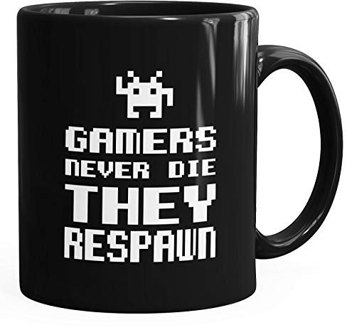 Kaffee-Tasse Gamers never die they respawn Spruch Pixel Zocker 90er 80er Retro MoonWorks® Uni schwarz unisize