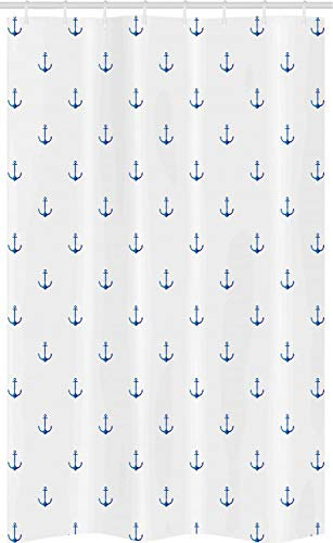 ABAKUHAUS Anker Schmaler Duschvorhang, Minimal Muster See Symbole, Badezimmer Deko Set aus Stoff mit Haken, 120 x 180 cm, Blau Weiß