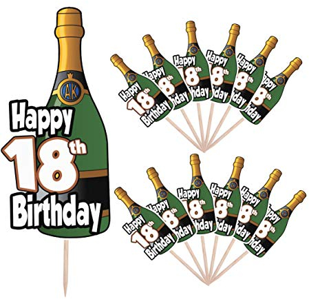 AK Giftshop Celebration 18th Birthday Champagne Bottle Party Food Cake Cupcakes Picks Sticks Decorations Toppers Stand Up Food Flags