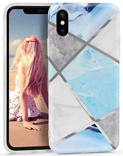 Imikoko iPhone XS Case, Blue Marble Glitter Silver Striped Clear Bumper Design Glossy Soft Silicone Protective Case for iPhone X/Xs 5.8 inch - Blue Irregular