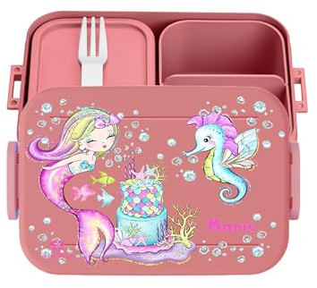 wolga-kreativ Personalisierte Kinder Lunchdose rosa mit Meerjungfrau Seepferdchen Motiv und Fächern, Bento Pausenbox für Schule und Kindergarten