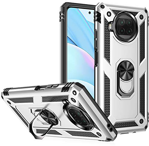 BestST Hülle für Xiaomi MI 10T Lite 5G + schutzfolie, Militärische Armor Hybrid Schutzhülle Silikon Stoßfest Bumper Cover Case Ringhalter Handytasche Handy Hüllen,Silber