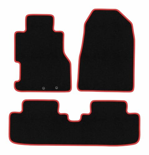 Velours-Fußmatten passend für Honda Civic VII 2001-2005, Schwarz-Rot | passend für Schrägheck 3-türig/Coupé; Velours-Teppich (Polypropylen), ca. 6,5 mm; rutschfest, Druckknöpfe 16 mm
