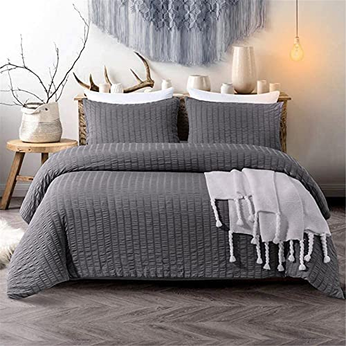 3 Pcs Dark Grey Seersucker Duvet Cover Sets with Pillow Case Seersucker Bedding Set with Zipper Closure Soft Microfibre Puckering Bedding Set Double Size 200 x 200 cm