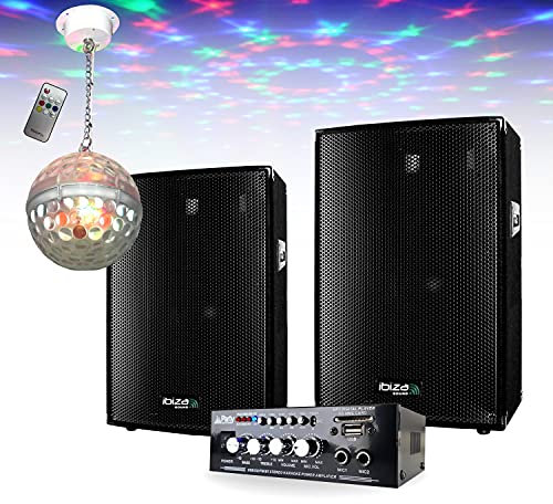 IBIZA Sound Light - Sono et Jeu de Lumière - 2 Enceintes 300w - 1 Ampli USB Bluetooth - 1 Double Effet Astro + téléc - Câble HP et Câble Pc offerts - PA Sono DJ Mix Bar Club Disco Karaoke