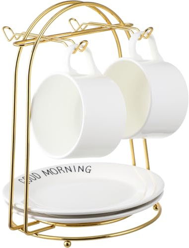 jojofuny Golden Metal Tea Mugs Display Stand 4 Hook European Style Cups Holder Tree Wrought Iron Saucer Organizer Rack for Coffee Home Jewelry Entryway Key Bar Accessories