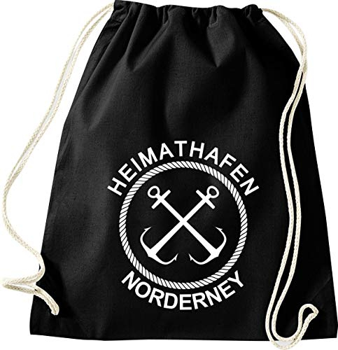 Shirtinstyle Turnbeutel, Heimathafen Norderney Sprüche Spruch, Urlaub See Hafen Strand Familie, Farbe Schwarz