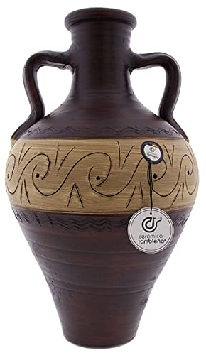 CERÁMICA RAMBLEÑA | Anfora di Argilla Tradizionale con Manico Doppio | Orcio in Ceramica - Modello D03 | 100% Fatto a Mano in Spagna 19x19x32 cm | 4 Litri | Eco