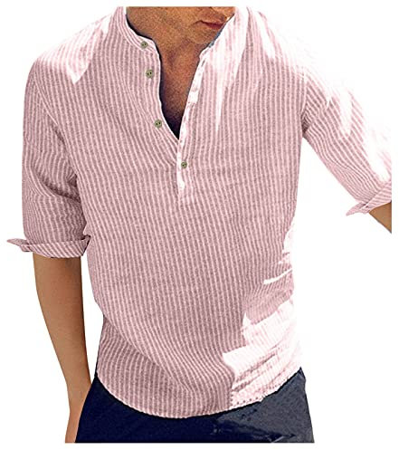 Beokeuioe Haut à revers rayé pour homme manches courtes bouton cardigan chemise décontractée et décontractée pour homme 2022 Printemps été Tops à manches longues en lin chemises de loisirs Rose XXL