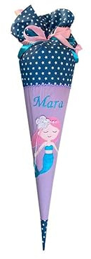 Glückspilz Schultüte mit Namen personalisiert, Meerjungfrau, Zuckertüte Nixe aus Stoff genäht, lila/blau, mit Kissen + Rohling